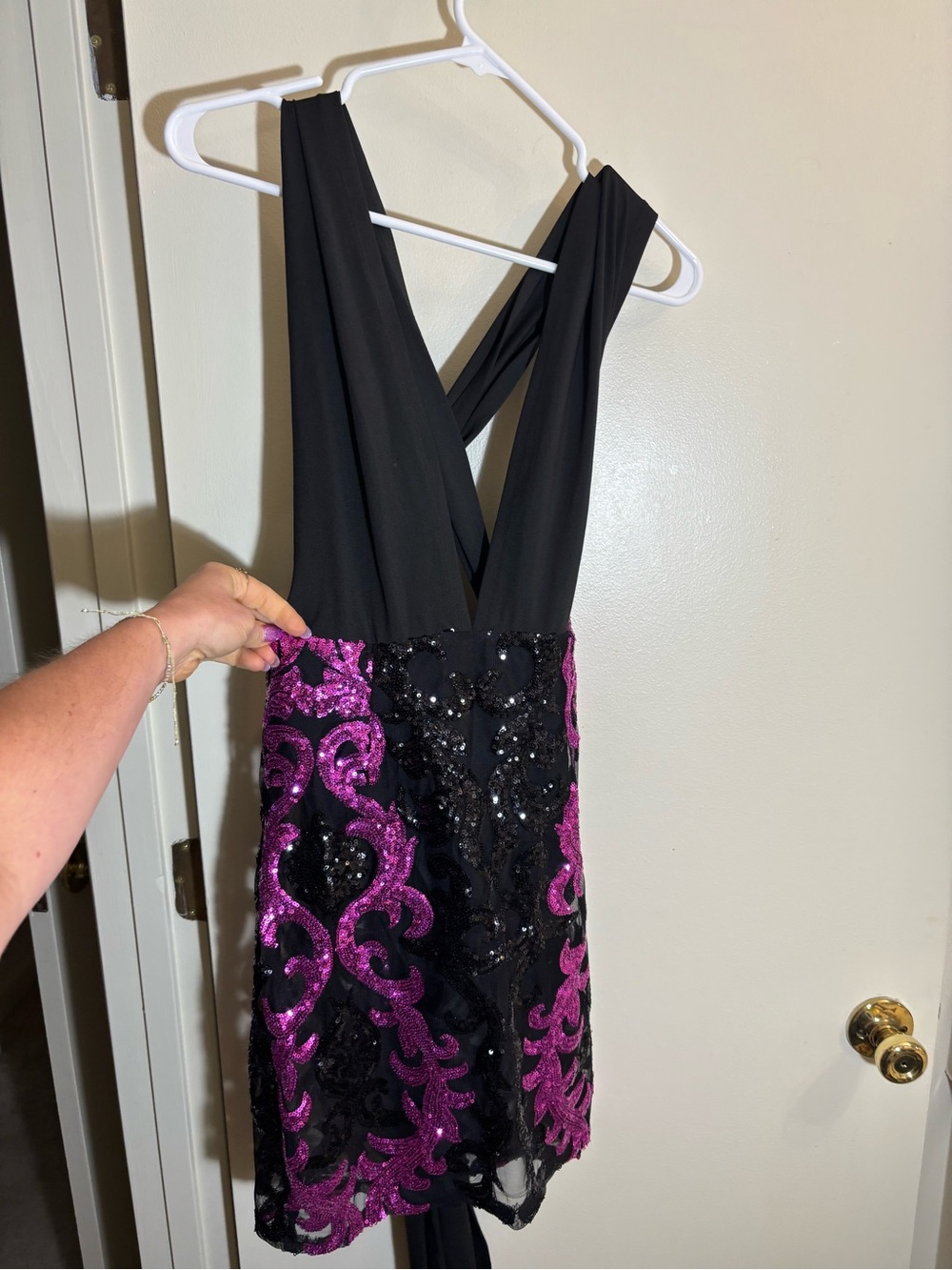 Banjul Black and Fuchsia Sequin Backless Cocktail Dress